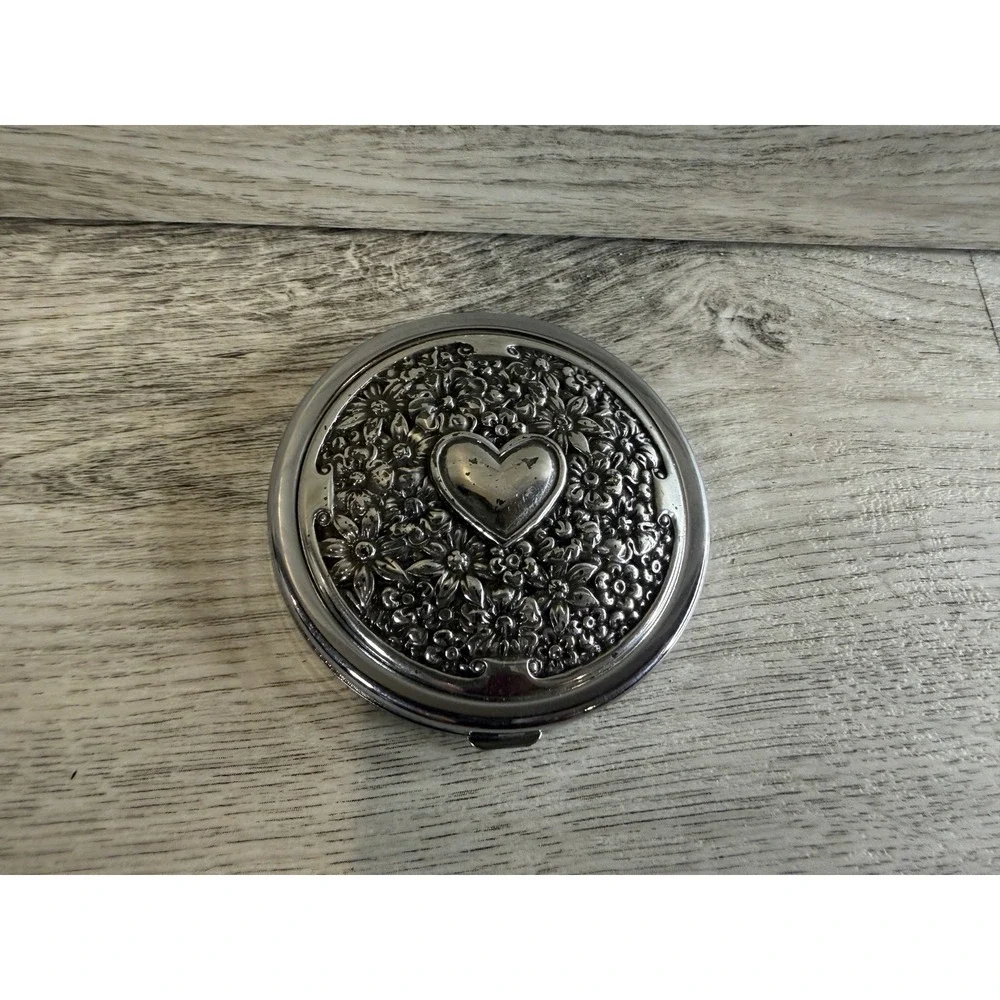 Vintage Brighton Heart Top Double Compact Mirror Silver Tone Cosmetics